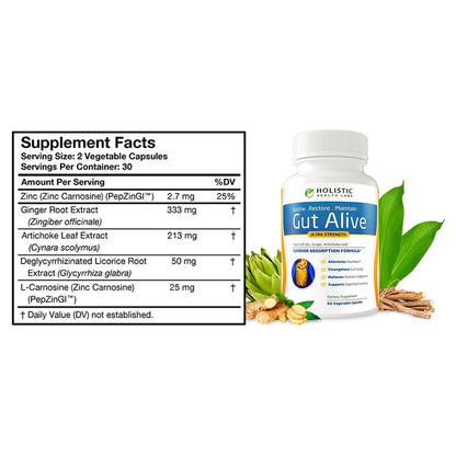 Gut Alive - All Natural Support to Fight IBS, Heartburn, Acid Indigestion, Acid Reflux, Bloating & Gas. Unique Formulation (60 Count (Pack of 2))