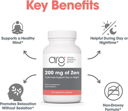 Allergy Research Group 200 mg of Zen - GABA L-Theanine Supplement, Natural Calm, Sleep & Relax Support for Women & Men, Take Day or Night for Relaxation & Calm Energy - 120 Vegetarian Capsules
