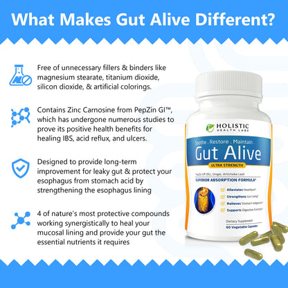 Gut Alive - All Natural Support to Fight IBS, Heartburn, Acid Indigestion, Acid Reflux, Bloating & Gas. Unique Formulation (60 Count (Pack of 2))