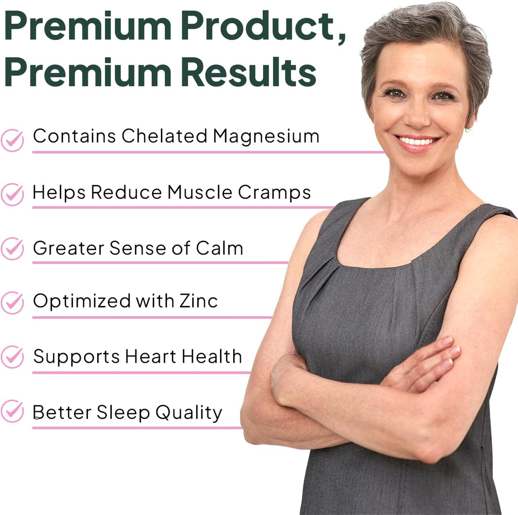 Pure Magnesium Glycinate with Zinc - Maximum Strength Chelated Magnesium Supplement for Women and Men