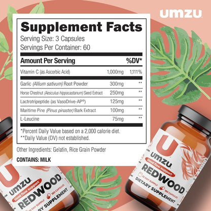 UMZU Redwood Max Nitric Oxide Booster, Blood Flow & Circulation Support for Men & Women, Energy, Stamina & Recovery – Heart & Varicose Vein Supplement – 2 Capsules Daily – 60 Count