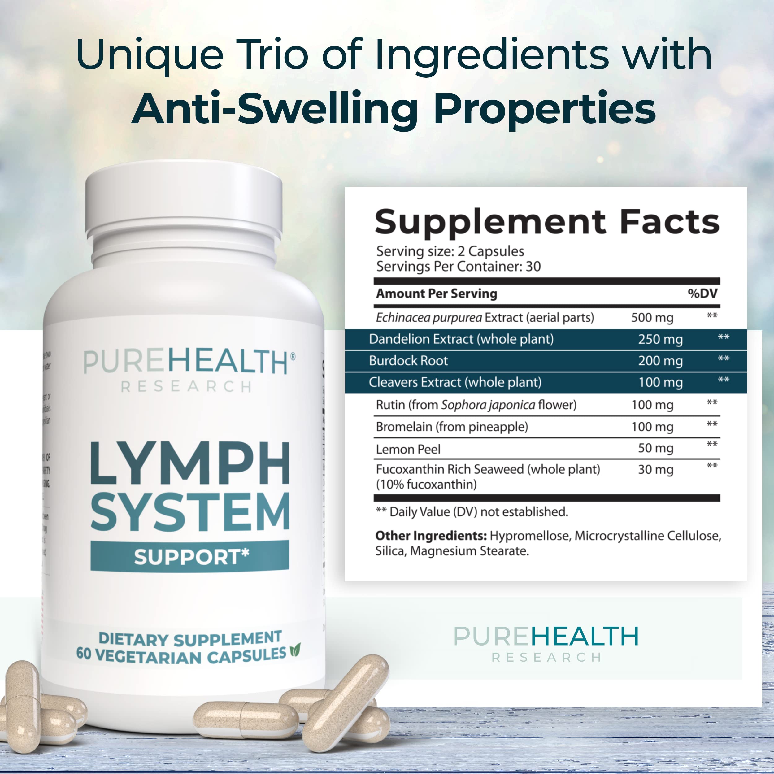 PUREHEALTH RESEARCH Lymph System Support – Lymphatic Drainage Supplement (60 Capsules)