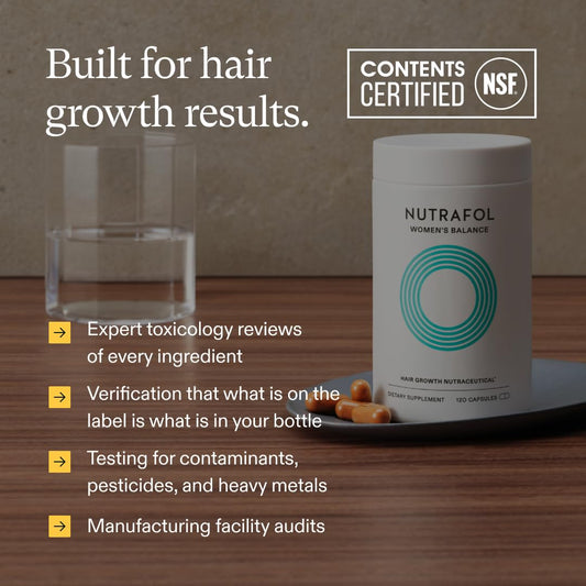 Nutrafol supplement container on a wooden surface with text about product certification and quality assurance.